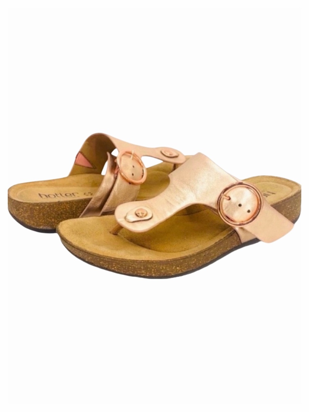 Hotter Women's Leather Rose Gold Cork Sole Resort Sandals Size 7